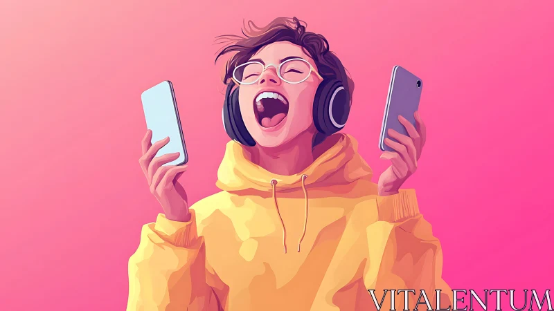 Joyful music lover sings out loud with phones in hand