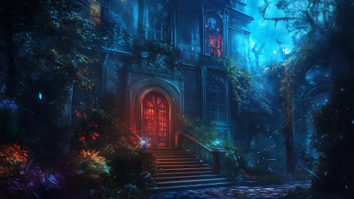 Luminous gothic manor entrance with red portal and overgrown foliage