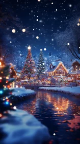 Snowy riverside village with illuminated Christmas trees at night