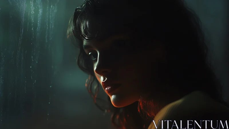 Woman’s face partly lit by red side light near wet window