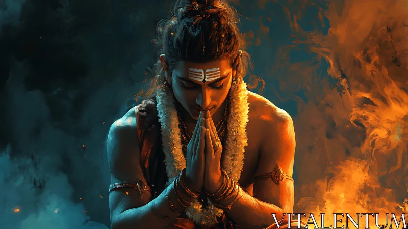 Meditative warrior bows in fiery, smoke-filled divine glow