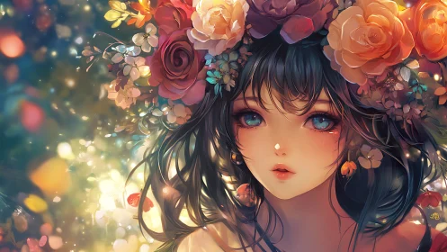 Floral-crowned dreamer with starlit eyes in soft bloomlight.
