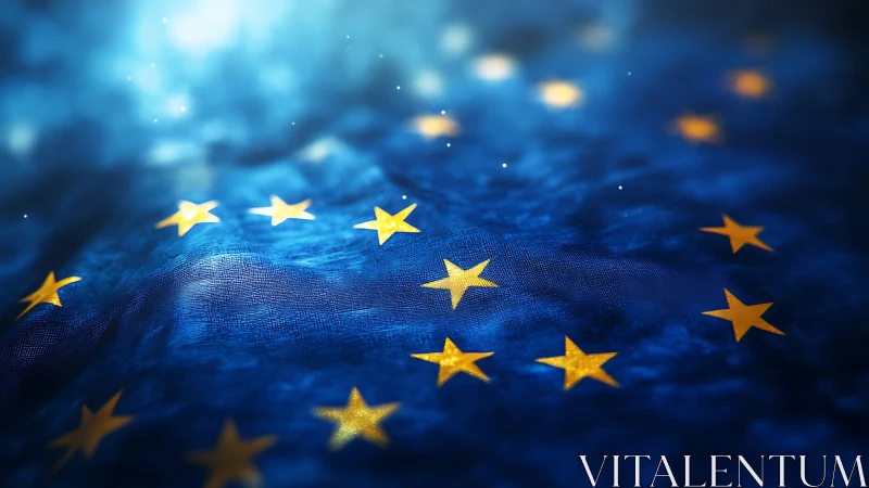 Digital close-up shows blue flag with yellow stars in focus