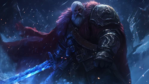 Armored elder warrior with glowing sword in frozen landscape.