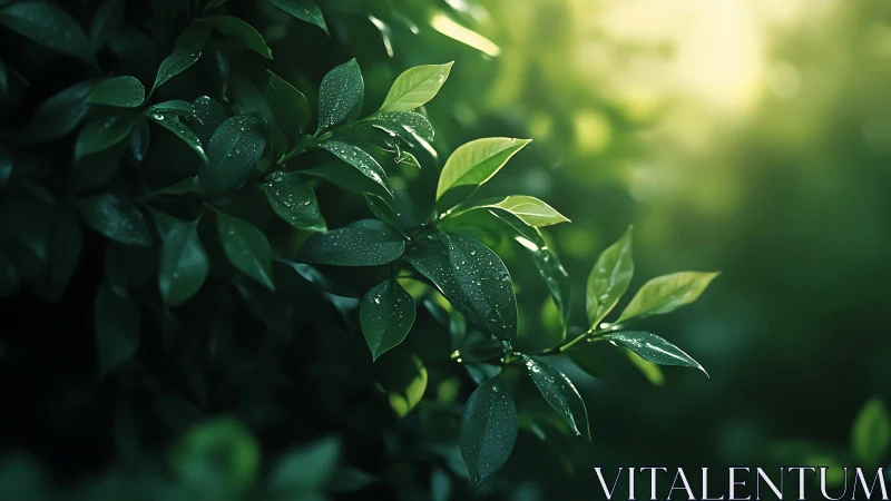 Dew-covered green leaves in soft morning backlight.