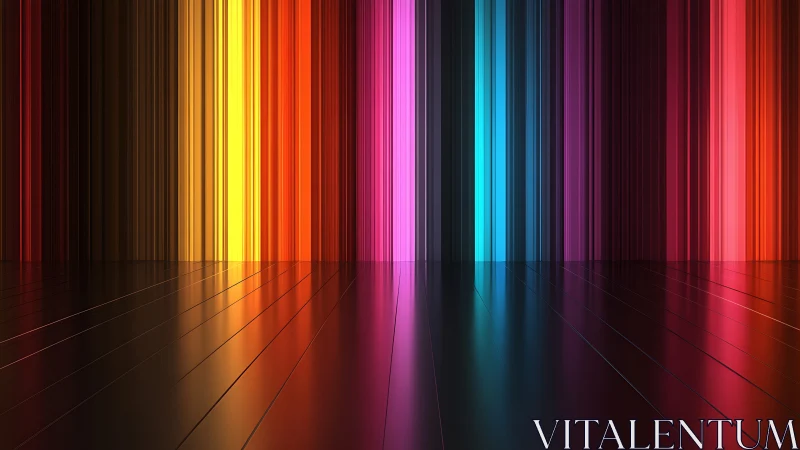 Glowing color stripes pour down into a sleek reflective floor