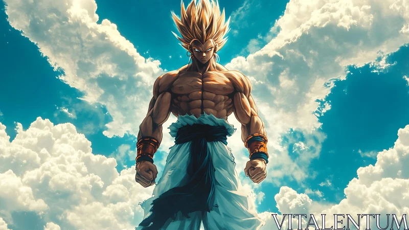 Muscular anime warrior figure against bright clouded sky.