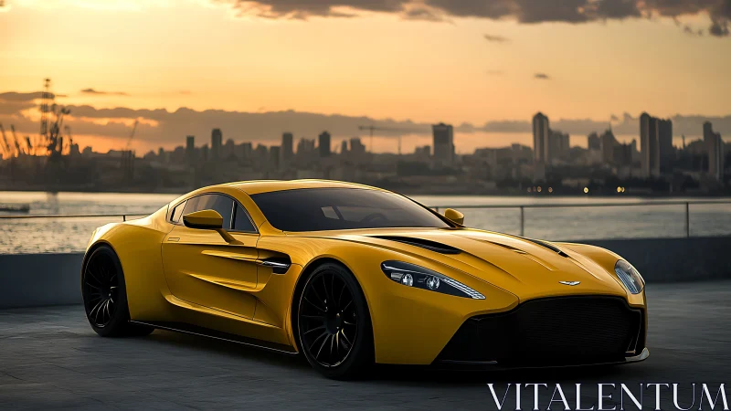 Yellow supercar rests beside waterfront at warm sunset