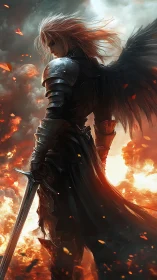 Winged dusk knight pauses as molten sky collapses behind