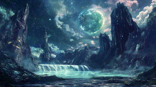 Alien moonrise illuminates crystalline cliffs and falls.