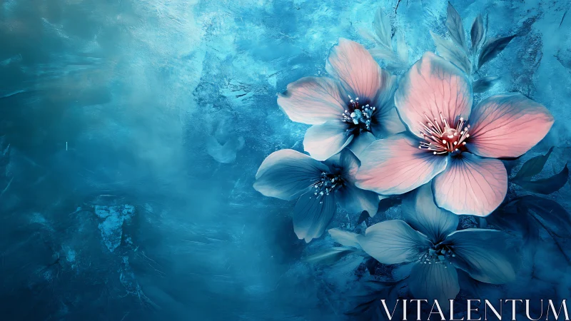 Pink and white flowers rendered with ethereal depth against luminous blue atmospheric backdrop.