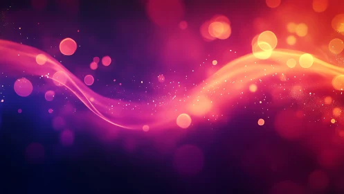 Curved magenta light trails with bokeh particles on dark gradient field