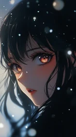 Winter-lit anime girl gazes back with glowing ember eyes.