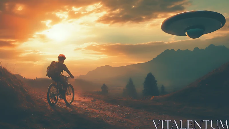 Mountain biker observing hovering UFO at cinematic sunset