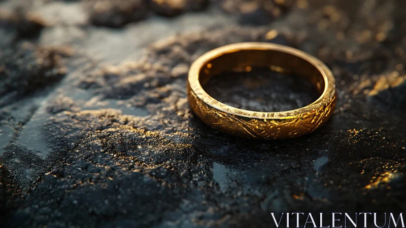 Gold ring rests on wet textured rock under warm light