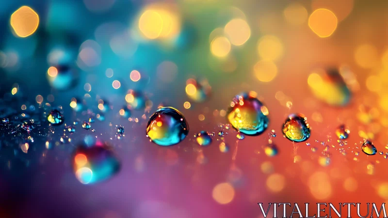 Iridescent water droplets on chromatic bokeh surface.