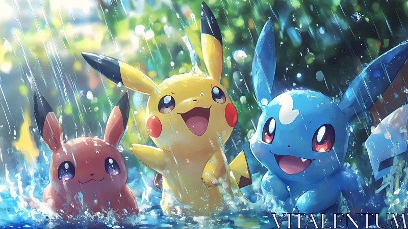 High-saturation anime trio rendered with dynamic rain and splash lighting