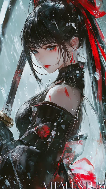 Scarlet-blade samurai girl in storm of shimmering splinters.