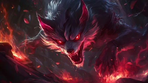 Large spectral wolf with red eyes over burning terrain.