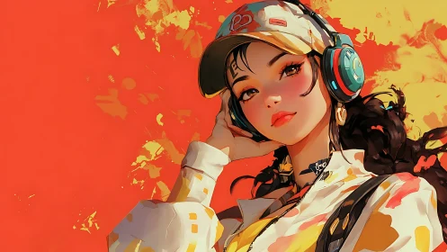 Girl in headphones stands against vivid orange backdrop