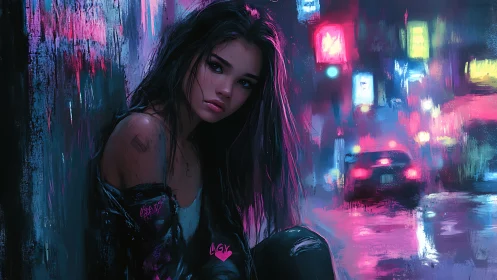 Melancholic girl leans in neon city rain, lost in reflection