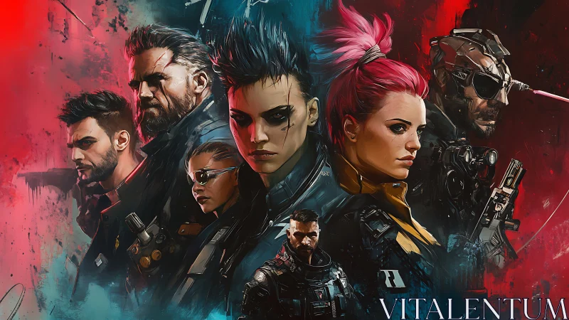 Cyberpunk mercenary squad portrait in neon conflict palette.