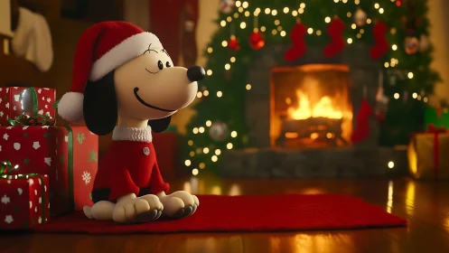 Cartoon dog in Santa outfit warms by glowing Christmas fire.