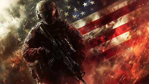 Armored infantry silhouette with rifle against distressed flag backdrop.