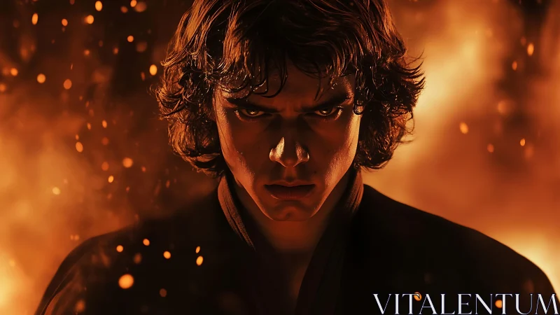 Smoldering warrior glares through a storm of drifting embers