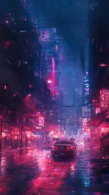 Neon rain city street glows under cyberpunk night sky.