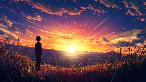 Anime sunset panorama with solitary figure on hillside ridge.