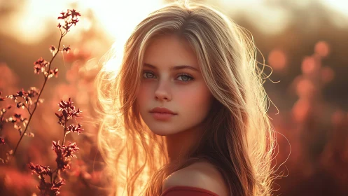 Sunlit girl in a golden meadow at gentle autumn dusk.