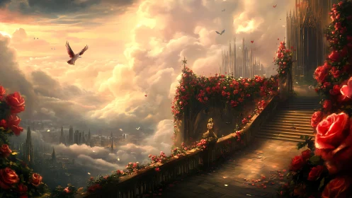 Terraced rose walkway overlooking cloud city and spires.