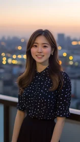 Smiling young woman on rooftop at warm city sunset.