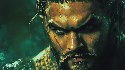 Storm-lit warrior portrait in moody aquatic palette.