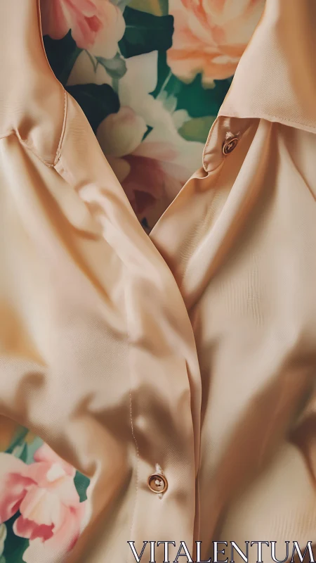 Beige satin shirt detail with floral patterned background.