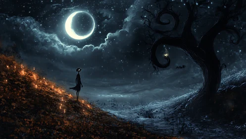 Solitary figure under crescent moon in eerie nightscape.