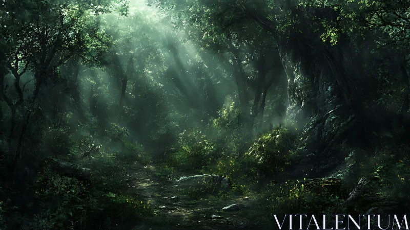 Atmospheric forest canopy with volumetric light penetration and dense vegetation layering
