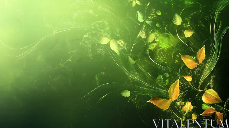 Golden leaves swirl gently through radiant green light