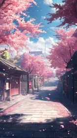 Cherry blossom street stretches through quiet traditional town