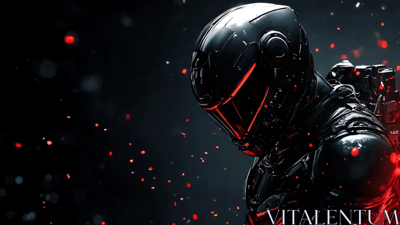 Cybernetic soldier portrait in red-lit armored exosuit.