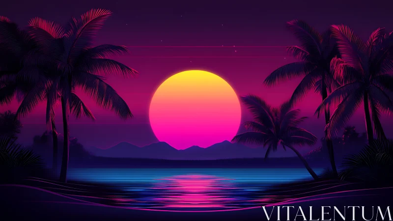 Neon sun sets over tropical palms in a dreamy synthwave bay