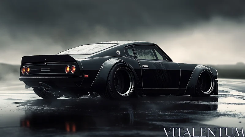 Midnight muscle coupe prowls a rain glazed runway dream