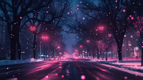 Neon-lit winter boulevard with cinematic depth of field effects.