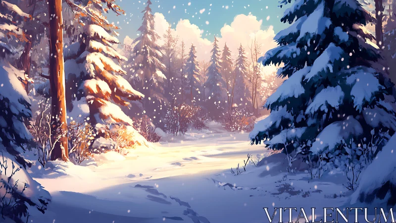 Snow covered conifer forest clearing under bright winter light