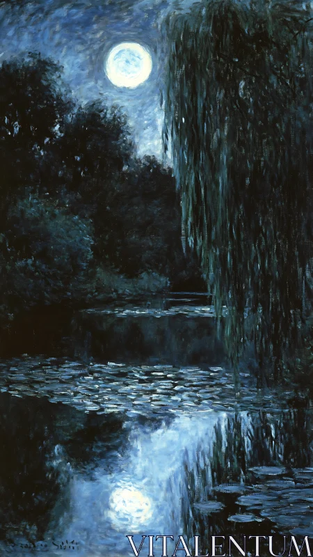 Moonlit pond reflects willows in a hushed indigo night