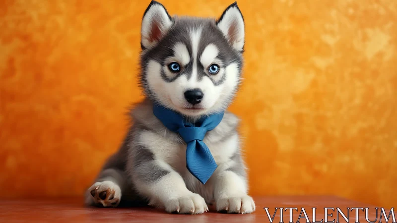 Siberian Husky puppy sits against textured orange backdrop