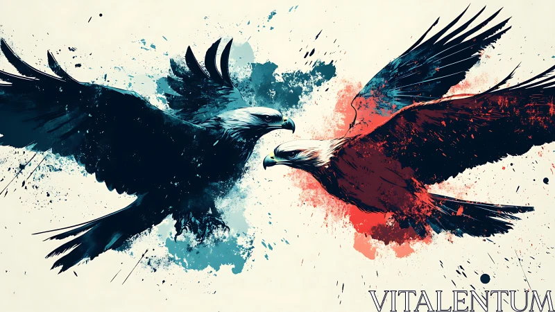 Two Eagles Colliding in Dynamic Abstract Watercolor Style.