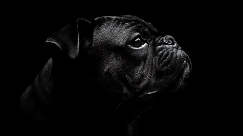 High-contrast pug portrait isolates profile in deep chiaroscuro