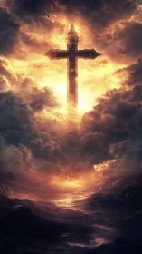 Burning cross rises through storm clouds over dark valley.